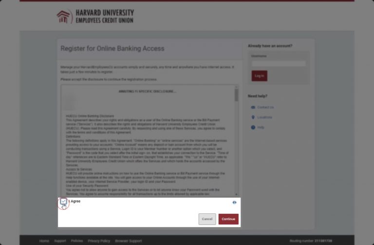 Accept disclosures on Harvard FCU online banking