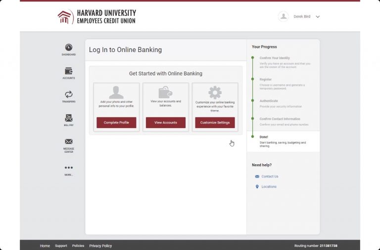 Harvard FCU online banking registration complete